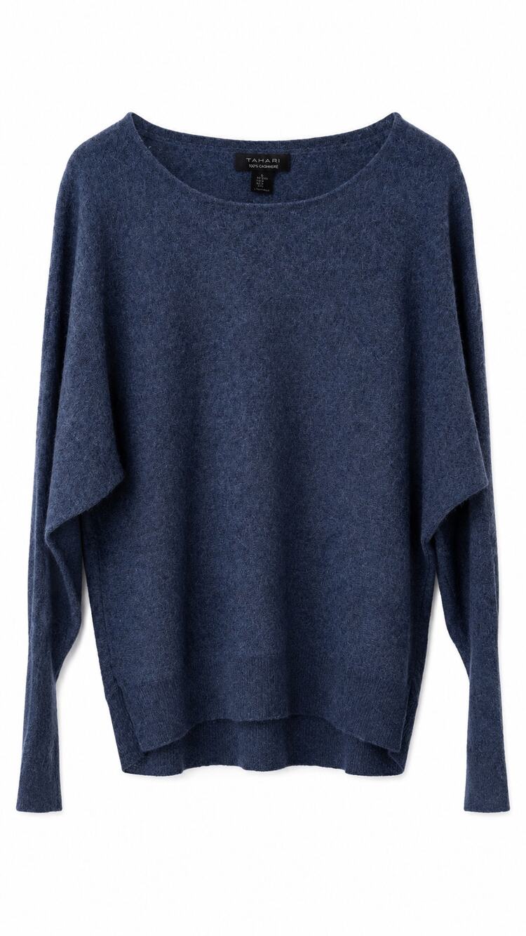 Tahari 100% 2-Ply Cashmere Dolman Sleeve Sweater, Heather Blue, Size XL